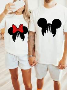 Disney Ink-Splashing Mickey Minnie Head Print Couple'S Large T-Shirt | Loose Crew Neck, Soft And Elastic, Suitable For All Seasons, Machine-Washable Fabric, Perfect For Daily Couples Dating - Men's White - View 1
