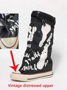 Western Buckle Holiday Mid Calf Boots For Women Retro Canvas Mid Calf Slouchy Wide Calf Flat Daily Work Shoes Fall/Winter Women's Round Toe Thick Sole Flat Short Boots, Casual Canvas Short Boots For Spring & Autumn,Boots For Women - 黑白花 - 查看 7