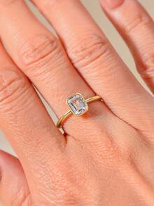 1 pieza Anillo de boda de joyería de lujo versátil y de moda de plata de ley 925 con diamante cuadrado y circonita cúbica, accesorio nupcial - Dorado - Ver 1