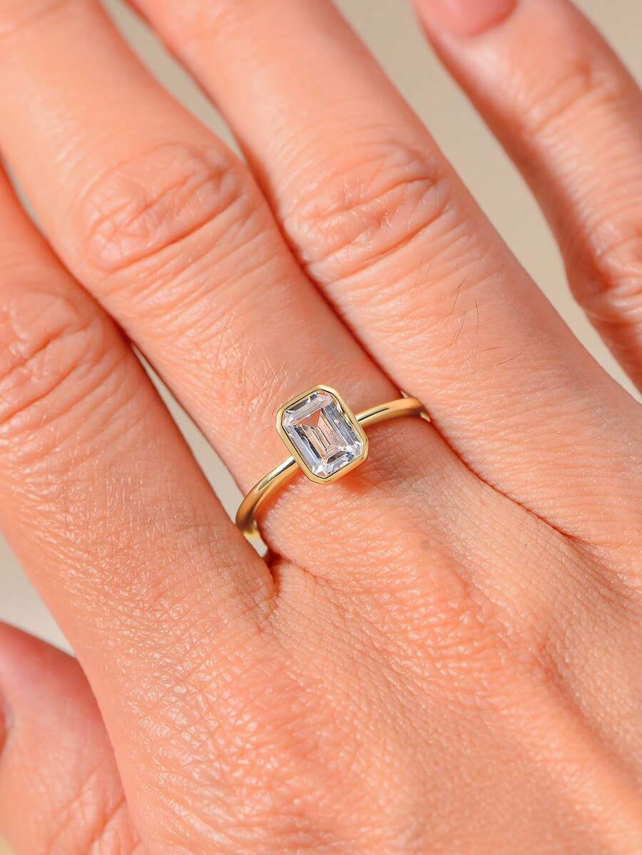 1 pieza Anillo de boda de joyería de lujo versátil y de moda de plata de ley 925 con diamante cuadrado y circonita cúbica, accesorio nupcial - Dorado - Ver 1