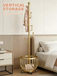 Tree Coat Rack Stand With Clothes Basket, Gold Coat Rack Freestanding Clothes Rack, Purse Rack Hat Rack Stand, Golden Clothes Rack With Metal Frame, Bedroom Storage Organizeration, Home Decor, Morden Style, Coat Stand Fits Entryway Bedroom Office For Bags, Hats - Vàng - Xem 2