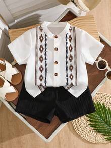 2pcs/Set Baju Bayi Laki-laki Motif Retro Kancing Penuh Lengan Pendek dengan Kain Bergaris Bertekstur, Celana Pendek Warna Polos dengan Pinggang Elastis, Cocok untuk Pakaian Sehari-hari dan Jalan-jalan - Hitam - View 2