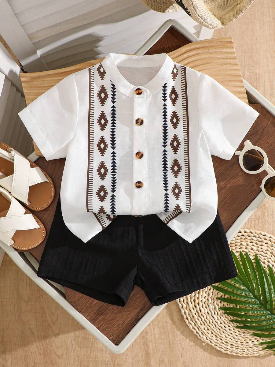 2pcs/Set Baju Bayi Laki-laki Motif Retro Kancing Penuh Lengan Pendek dengan Kain Bergaris Bertekstur, Celana Pendek Warna Polos dengan Pinggang Elastis, Cocok untuk Pakaian Sehari-hari dan Jalan-jalan