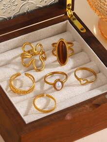 6pcs Set Stainless Steel 18K Gold Plated Personalized Geometric Flower Line Tiger Eye Stone Rings Set, Suitable For Women's Daily Wear - Multicolor - View 5