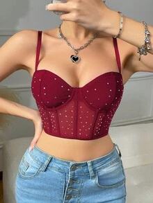 Black Rhinestone Thin Straps Bustier Top - 1 Piece Mesh Panel Cropped Waist Cinching Bust Enhancing Sexy Fashionable Date Party - Burgundy - View 1
