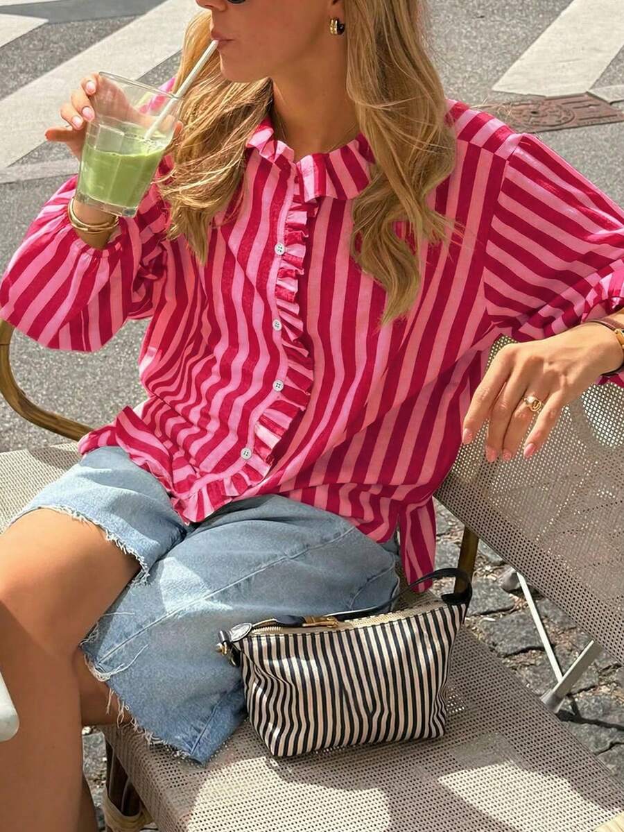 New Arrival Fashionable & Elegant Striped Woven Fabric Ruffle Hem Button-Up Shirt, Suitable For Vacation, Daily Wear, Travel, All Seasons Spring - Hot Pink - View 1