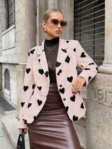 一件女士优雅心形印花撞色纽扣前开襟西装外套，适合通勤、办公、日常穿着、春夏度假。 - 杏色 - 查看 6