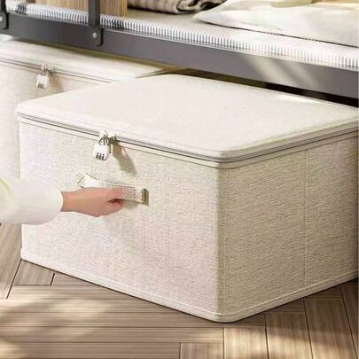 1pc Foldable Storage Box With Zipper And Handle, Beige Storage Bin, Made Of Polyester Linen, Square Lidded. Sturdy And Durable, Multipurpose For Storing Clothes, Toys And More. Also Suitable For Indoor Decoration, Bedroom Decor, Decorative Frames, Storing Jeans Etc.