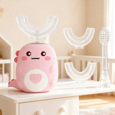 Brosse à dents électrique dinosaure, brosse à dents électrique en forme de U, comprend 2 têtes de brosse de rechange + 1 tête de brosse à manche droit, brosse à dents en forme de U de dessin animé, brosse à dents de dessin animé, brosse à dents électrique intelligente en forme de U, convient pour le nettoyage des dents, couverture complète, nettoyage des dents efficace, décoration de salle de bain à la maison, saison de la rentrée scolaire, cadeau de Noël, cadeau d'anniversaire, 150 mAh