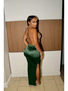 European And American Women's Fashion Solid Color Unique Shiny Drapey Satin Slit Slim-Fit Bodycon Skirt - Hồng - Xem 8