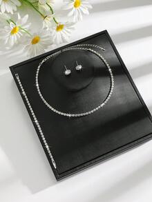 3pcs Set Minimalist Chic Silver Rhinestone Stud Earrings & Tennis Chain Necklace, Sparkling Jewelry Set, Suitable For Weddings, Galas, And Daily Gifting - White - View 7