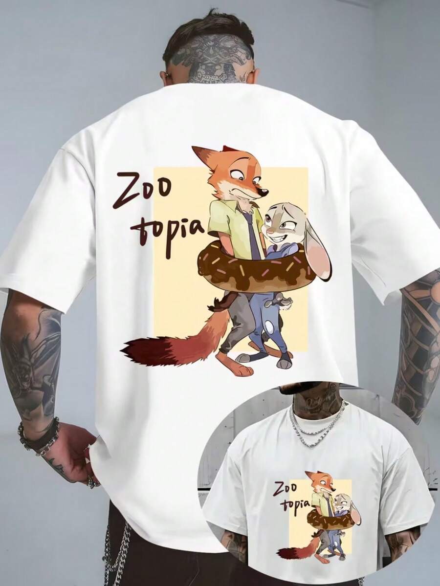 Men'S Fashion Disney - "Zootopia" Sweet Donut Judy And Nick Printed T-Shirt Bottom Shirt Versatile Clothes Summer Men'S Wear - 白色 - 查看 1
