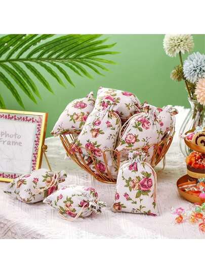 10个玫瑰花束口袋，亚麻材质，可重复使用，双束口收纳袋，是礼品、圣诞节、婚礼和派对的最佳装饰选择。