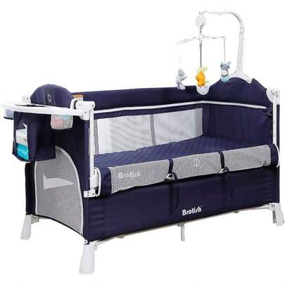 ベビーベッド プレイヤード ベビー 折りたたみ ベビーサークル コンパクト ミニベビーベッド 折りたたみ 新生児 赤ちゃんベッド 持ち運びやすい 添い寝ベッド 揺りかご マットレス付き キャスター・固定ベルト・ストッパー付き 新生児0ヶ月~36ヶ月 PSC認証済 ネイビー