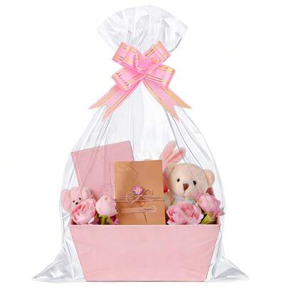 10/20pcs Large Transparent Basket Bags Glass Paper Packaging (Suitable For Baskets And Gifts) With Pink Bow, Suitable For Wedding, Valentine's Day, Mother's Day, Birthday And Event Party Gift Packaging
