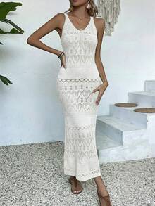 优雅女士休闲纯色针织长裙，无袖沙滩裙，适合春夏穿着，白色轻盈度假装，简约复古风格，适合返校季，秋冬长款派对裙，适合圣诞节、感恩节和新年等场合。 - 白色 - 查看 8