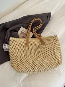 夏季草编沙滩包，大容量手提袋，购物篮，手提包，度假风，简约百搭，多口袋设计，适合装连衣裙、购物、旅行、收纳，藤编包 - 米色 - 查看 7