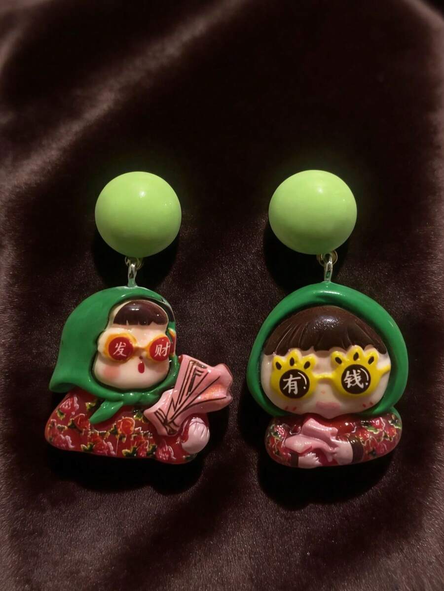 1 Pair Quirky Chinese Style Festive Resin Earrings - Light Green Bead Earring Base + Asymmetric Headscarf Flower Doll Shaped Earrings, Suitable For Casual Daily Wear / Chinese New Year Theme Party - Multicolor - View 1