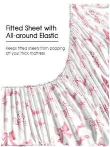 4件套粉色蝴蝶结心形图案床单套装，易护理超细纤维柔软床上用品套装，花卉图案床笠套装（1张床单+1张床笠+2个枕套），床笠套装，适用于特大号、大号、标准双人床、单人床尺寸，床笠深口袋设计，枕套最大可达11.8英寸，柔软透气，不易起皱，更有利于睡眠，奢华酒店风格，送给父母、朋友的礼物，甜美少女风 - 淺粉色 - 查看 5