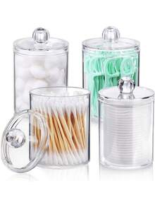 Set Of 3 Clear Plastic Dispensers For Swabs, Featuring A Lid. Ideal For Storing Balls, Dental Floss, And Other Bathroom Essentials, Helping To Keep Your Space Organized - Clear - View 1