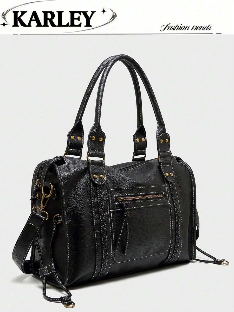 新款女士手提包 水洗皮革托特包 大容量钱包 复古单肩包 女士黑色旅行包 - 黑色 - 查看 1