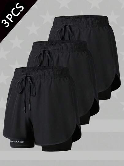3pcs Women's Quick Dry 2-In-1 Running Shorts, Double Layer Built-In Liner With Drawstring For Gym & Workout