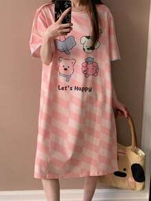 Áo ngủ cổ tròn họa tiết kẻ caro in hình động vật hoạt hình màu hồng, kiểu Hàn Quốc. - Hồng - Xem 8