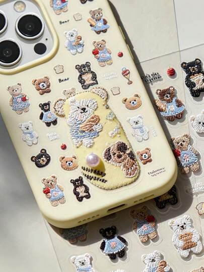 1张可爱针织图案泰迪熊3D立体浮雕贴纸，适用于剪贴簿、手账、相册、笔记本电脑、美甲、手机壳、杯子、杂志、文具盒、桌面装饰、返校用品等。