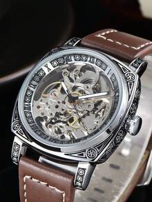 LONGLUX 1pc Men's Black Zinc Alloy Business Style Luminous Carved Automatic Tourbillon Hollow Mechanical Watch - Rust Brown - View 4