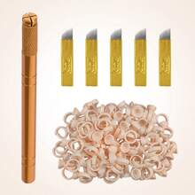 100pcs/Pack Orange Small Unseparated Disposable Silicone Microblading Rings + 14 Pins Gold Single Arch Microblading Blade PCD14 + 1pc Gold 4-Ring Microblading Manual Pen, Elastic & Non-Damaging - Multicolor - View 9