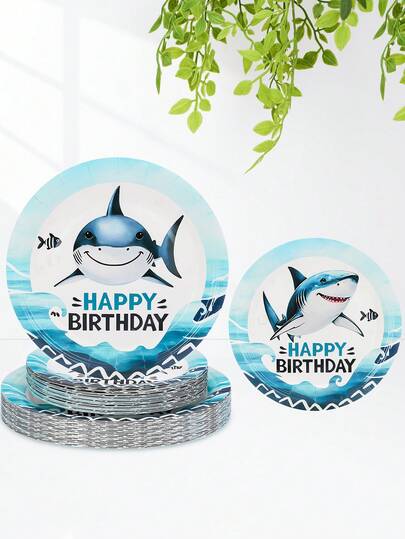 10个/20个/30个装鲨鱼主题生日派对纸盘，海底鲨鱼图案，生日快乐派对装饰，海洋鲨鱼主题婴儿派对沙滩餐具装饰派对用品