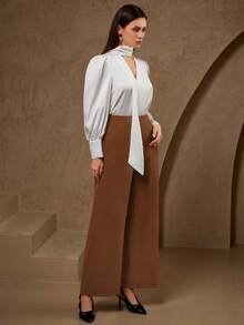 Damen Lässig Loose Gerade Bein Hose, Kaffeefarben Weite Bein Hose, Locker & Bequem, Eleganter Business-Casual, Hohe Taille Gerade Hose für Damen, Minimalistisch Alltags Tragen im Herbst/Winter Frühling - Kaffeebraun - Übersicht 4