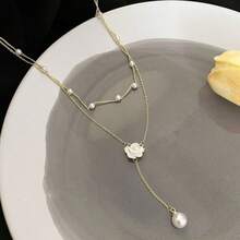 1pc Elegant Camellia Flower Double-Layer Pearl Necklace, Luxury Delicate Tassel Choker Necklace For Women, Summer - Gold - View 5