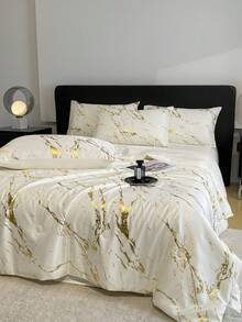1件极简主义大理石纹箔水洗桑蚕丝轻盈透气柔软夏季被子，可机洗，适合卧室和客房四季使用（不含枕头和枕套） - 流金-奶白 - 查看 5