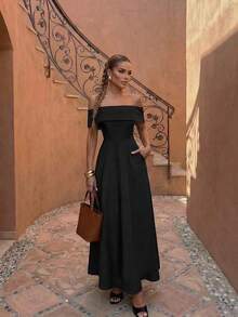 Đầm trơn màu trơn, hở vai, thanh lịch, thích hợp cho đám cưới, tiệc tùng, hẹn hò, các dịp trang trọng, kỳ nghỉ hè. - màu đen - Xem 1