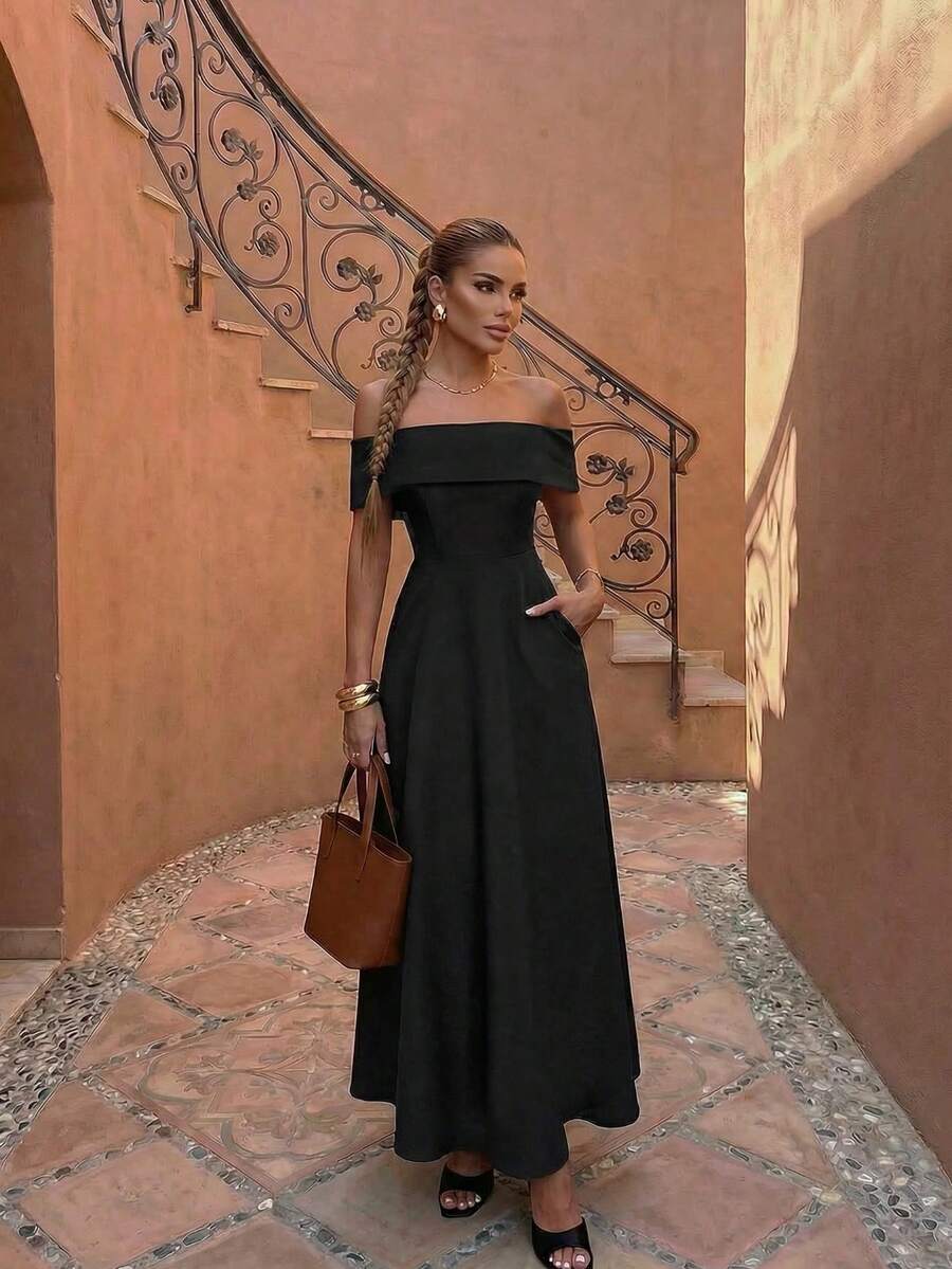 Đầm trơn màu trơn, hở vai, thanh lịch, thích hợp cho đám cưới, tiệc tùng, hẹn hò, các dịp trang trọng, kỳ nghỉ hè. - màu đen - Xem 1