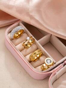 Bộ 4/5 chiếc nhẫn thời trang thanh lịch kiểu Pháp lãng mạn, mạ vàng 18K, thép không gỉ hai lớp mờ, đính đá Cubic Zirconia hai hàng, nhẫn nữ kiểu La Mã, quà tặng cho người yêu, mẹ, thích hợp đeo hàng ngày. - Bộ 4 nhẫn chữ số roma mờ - Xem 9