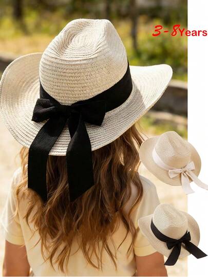 1pc Kids/Children Large Brim Solid Color Butterfly Decor Sun Hat, Unisex Summer Beach Sun Protection Hat