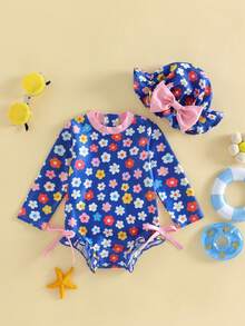 Infant Baby Girl Swimsuit One-Piece Long Sleeve Rash Guard With Hat Set Floral Zipper Bathing Suit Leopard Beach Wear - Blue - View 6