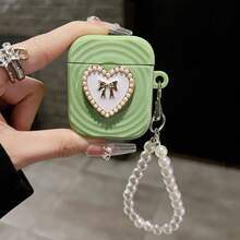 Cute Rhinestone Heart Apple Earphone Case + Pearl Bracelet Apple Wireless Earphone Protective Case - Green Heart-shaped Bow - View 1