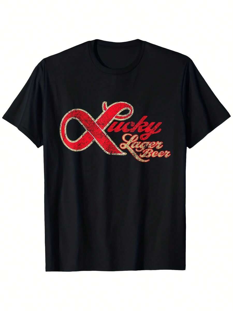 Women's Vintage Beer Pattern Print T-Shirt - Black Casual Summer Crew Neck Short Sleeve Shirt, Red And White Beer Logo Design, Lightweight Breathable Fabric, Machine Washable Loose Fit, Comfortable And Durable Vintage Style Top, Casual Versatile Printed S - 黑色 - 查看 1