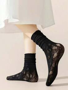 3 Pairs Of Lovely Lace Socks Women Mid-Calf Socks, Hollow Out Flower Edge Short Socks, Solid Color Pile Socks, Straight Loose Socks, Fall - Nhiều màu - Xem 4