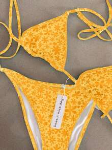 Polovedo Official New Arrival Spring/Summer Fashionable Casual Green Floral Print Women's Halter Tie Bikini Set Set, Suitable Beach, Vacation, And Dates - In ấn 4 - Xem 6