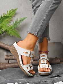 Sandal đế xuồng kiểu retro màu trơn có khóa cài dành cho nữ cỡ lớn. - trắng - Xem 6