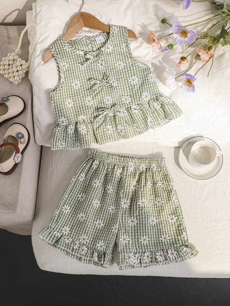 2pcs Girls Daisy Print Green Plaid Top And Pants Set, Summer - Green - View 1