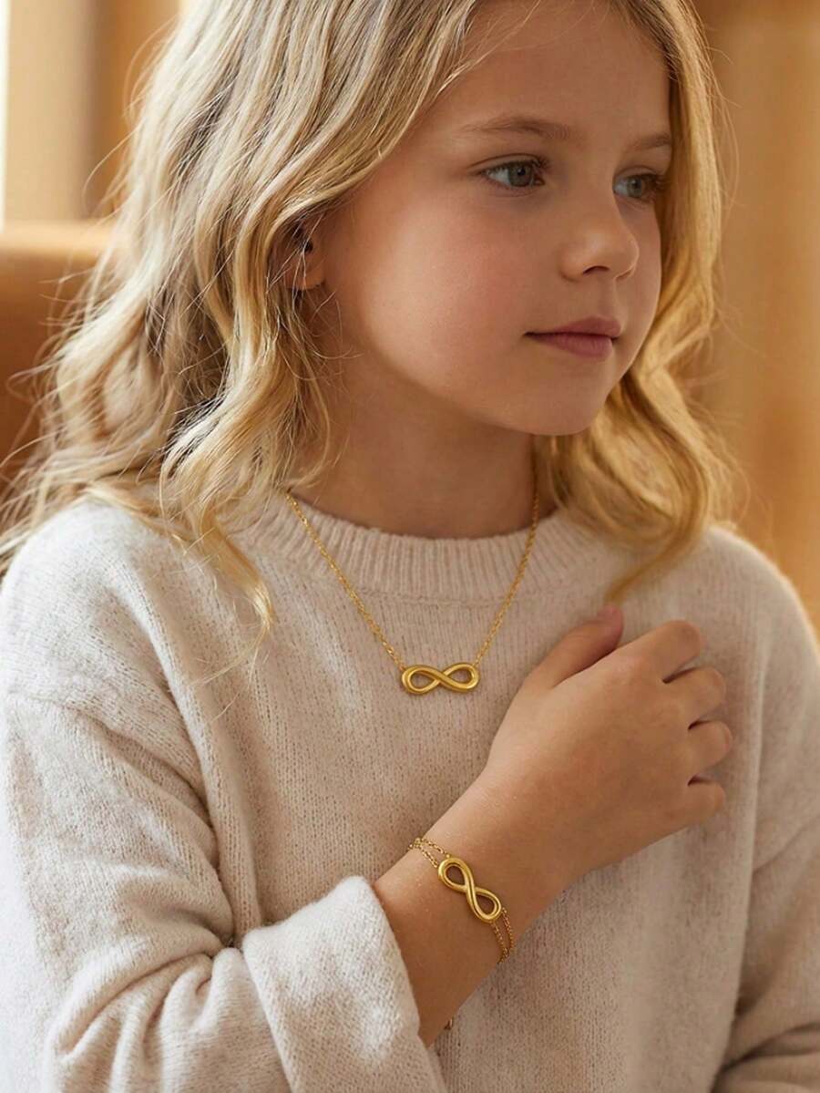 2pcs/Set Minimalist Popular Gold Stainless Steel Chain Infinity Sign Necklace Bracelet Set Idea Gift For Girls Family Friends Anniversary Valentine's Day Christmas Party Mom Mother's Day For Daily Life - Gold - View 1