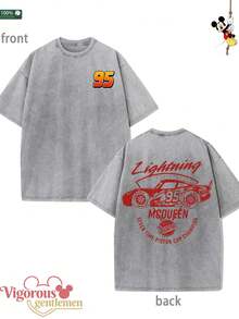 Disney No.95 Racing Car Line Pattern T-Shirt Summer Clothing  Vintage Washed 230g T-Shirt - 灰色 - 查看 1