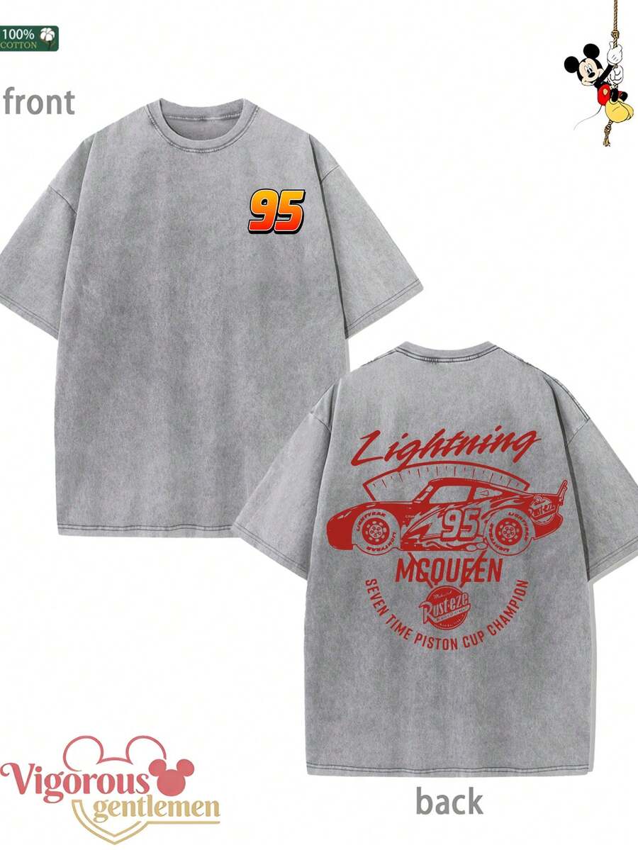 Disney No.95 Racing Car Line Pattern T-Shirt Summer Clothing Vintage Washed 230g T-Shirt - 灰色 - 查看 1