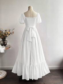 Rusttydustty 女士波西米亚风度假优雅休闲收腰白色雪纺长袖荷叶边连衣裙，适合夏季音乐节等场合 - 白色 - 查看 3