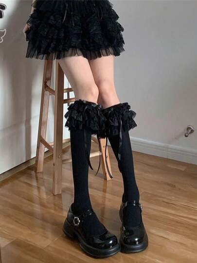 1 par de calcetines por encima de la rodilla de terciopelo con doble capa y ribete de encaje de unicolor para mujer, calcetines por encima de la rodilla estilo Lolita lindos y femeninos, calcetines por encima de la rodilla de estilo delgado para primavera y otoño, adecuados para cosplay, atuendos festivos y estilo Y2K.